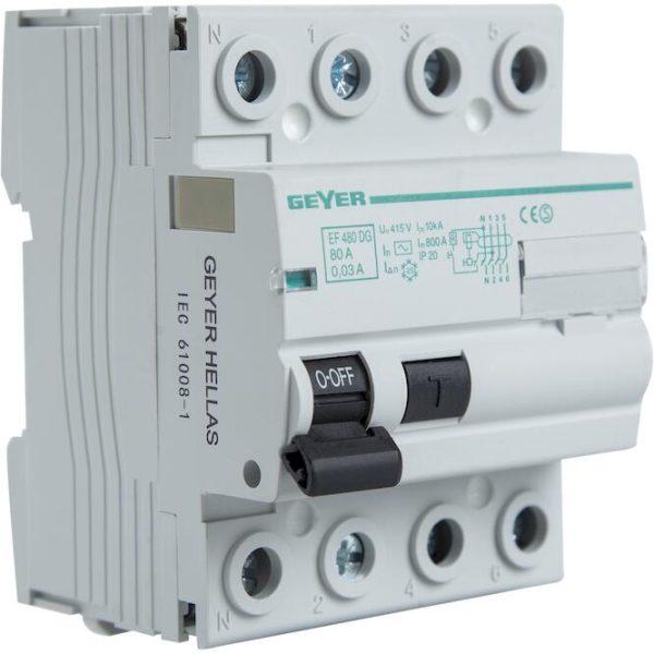 Ρελέ διαρροής 4P 80A 30mA Τύπου AC 415V